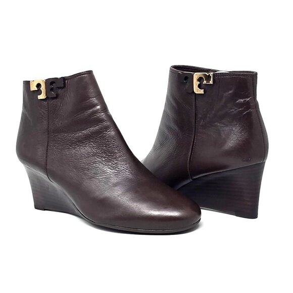 Tory Burch Brooke Brown Pebbled Leather Ankle Wedge Boots Women's Size 7.5 - Picture 1 of 12